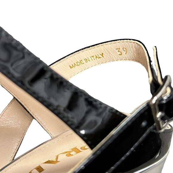 Prada Metallic Silver Black Patent Leather Slingback Wedge Sandal Size 39 / US 9 - Picture 6 of 10